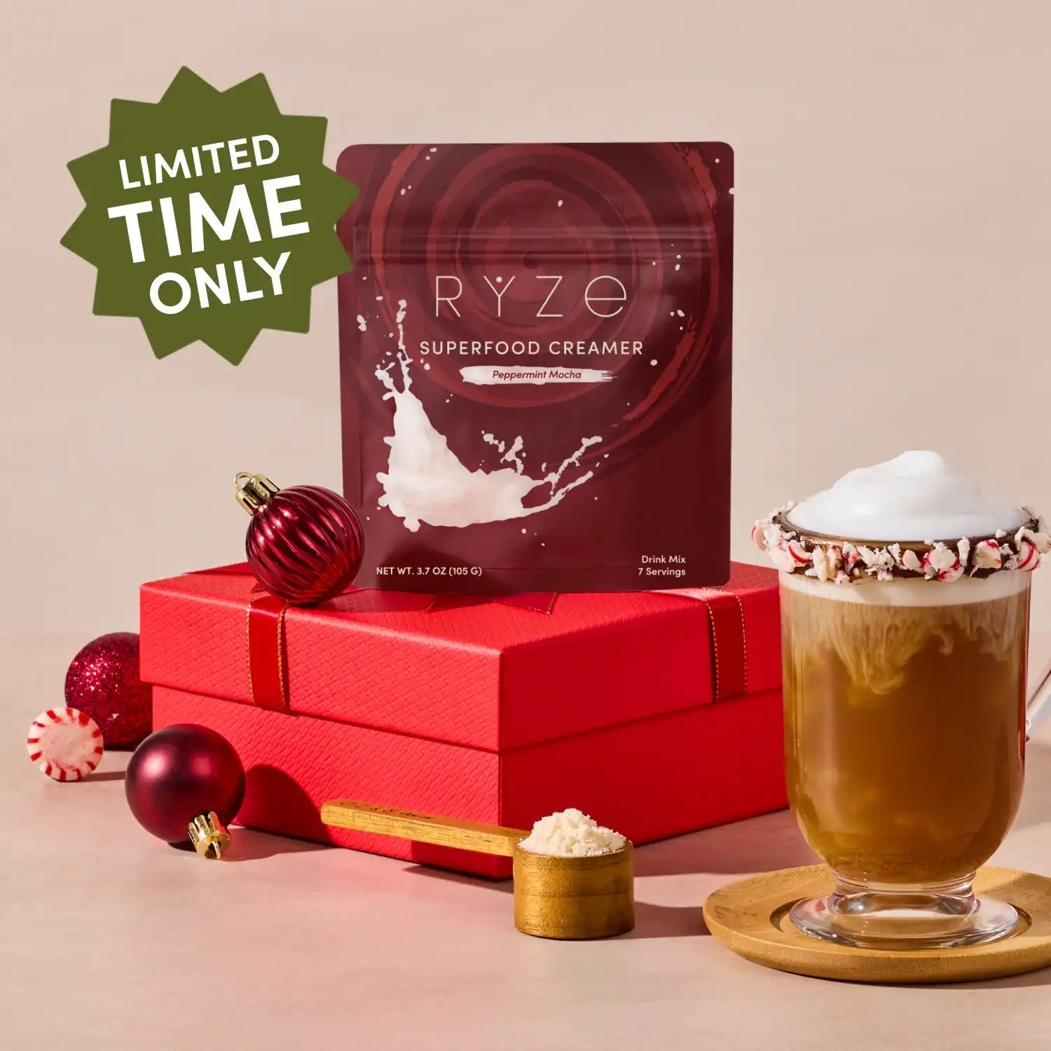 Two RYZE peppermint mocha superfood creamer packets with illustrated packaging