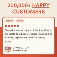 200,000+ Happy Customers �?5-star review from Connie B. praising mushroom chocolate flavor and experience