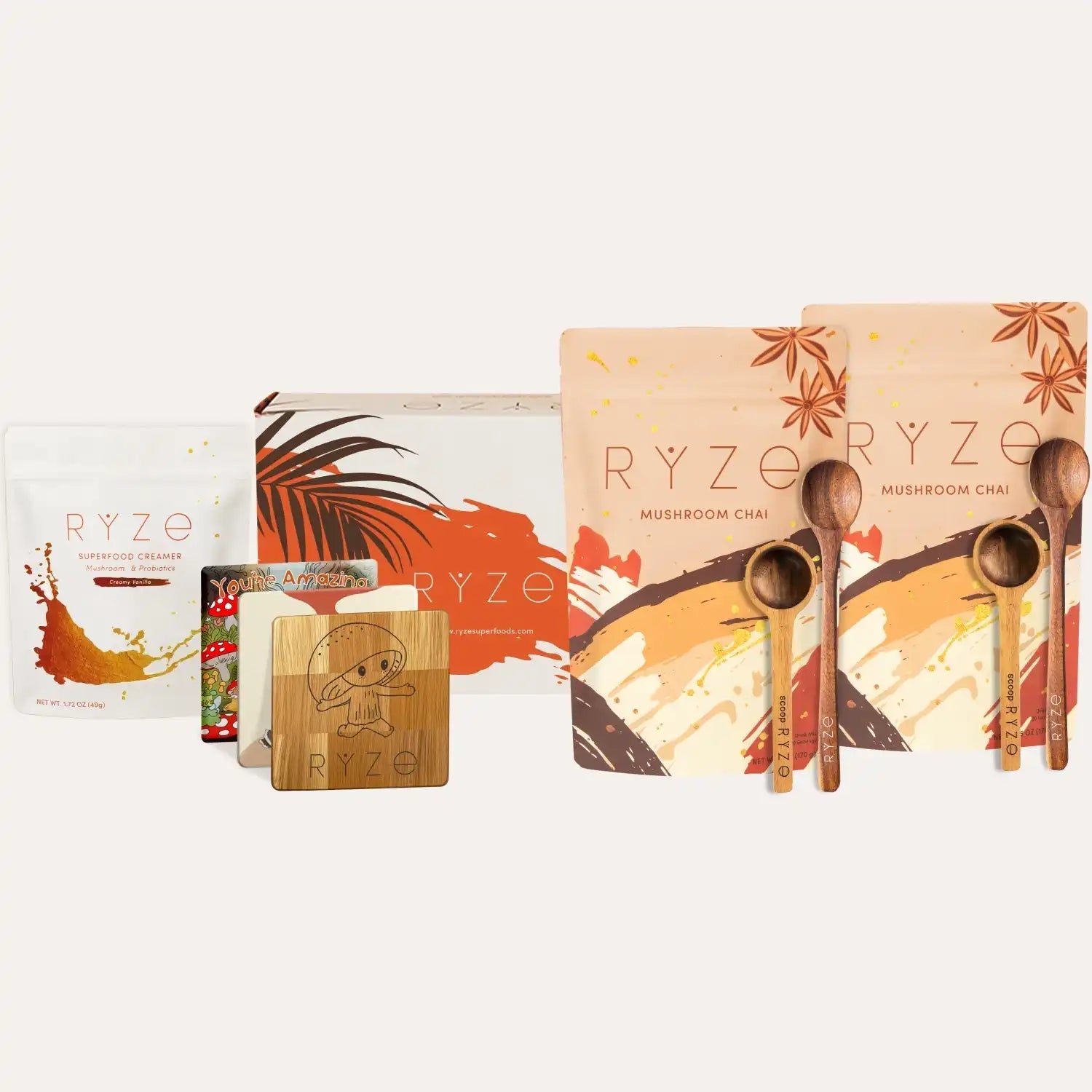 RYZE product packaging with wooden spoons on a white background