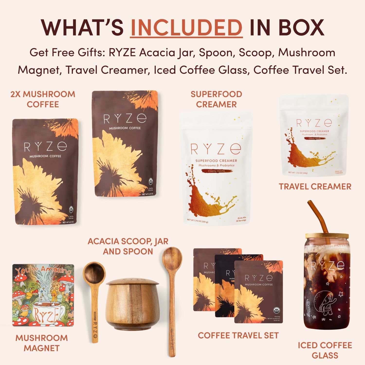 RYZE Mushroom Coffee with golden flower illustration